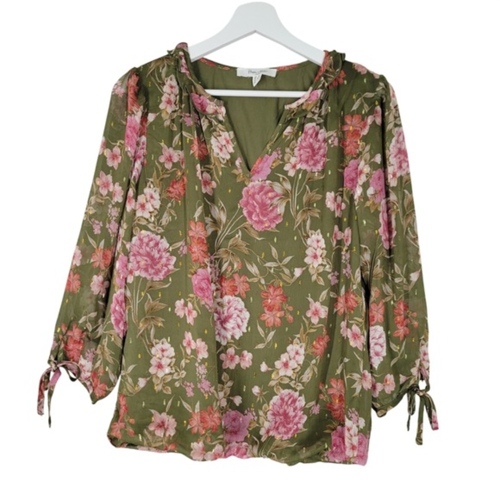 Haver + Blair Floral‎ Blouse Womens Small Olive Green Gold Lurex Tie Sleeve Top